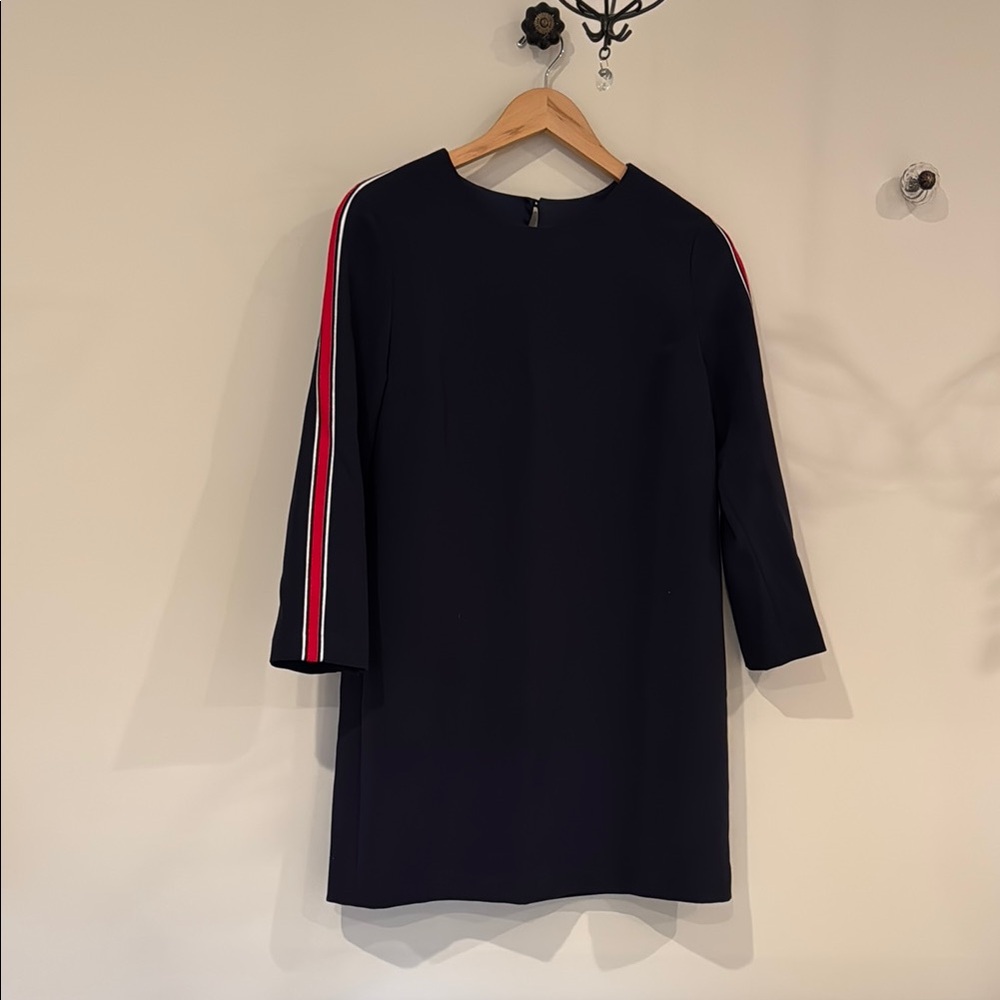 Navy Blue Dress with Red and White Stripe on sleeves size 8 Petite